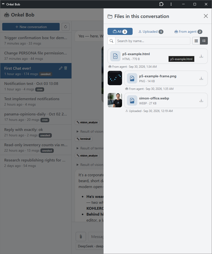 The files panel listing a document the agent produced