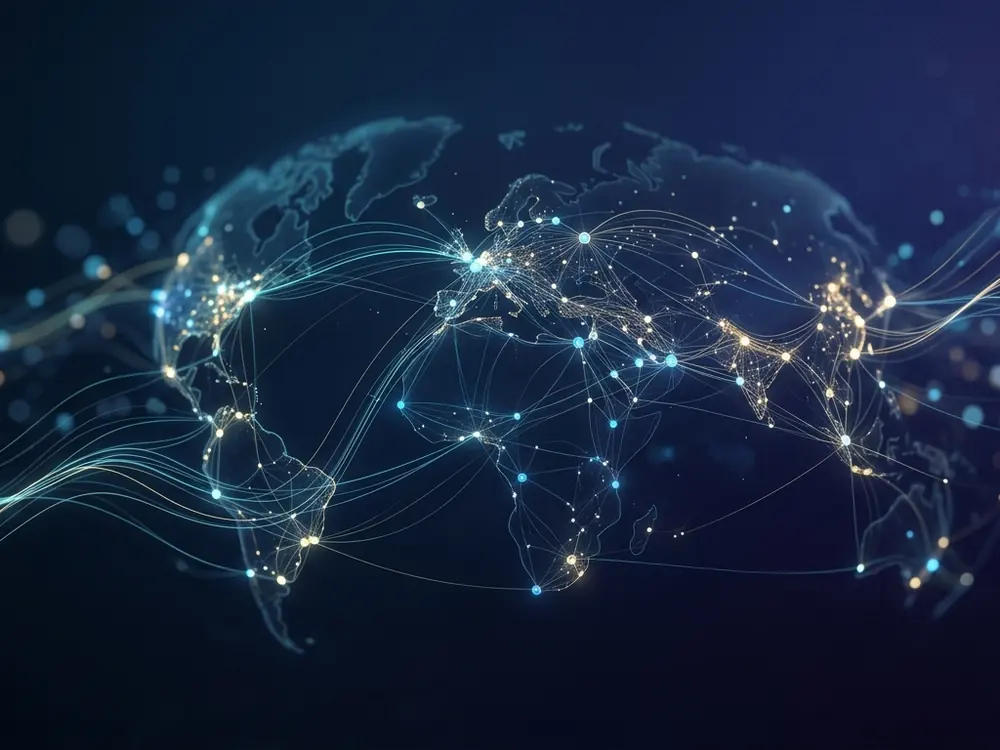 Network of connected regions and data links over a dark globe.