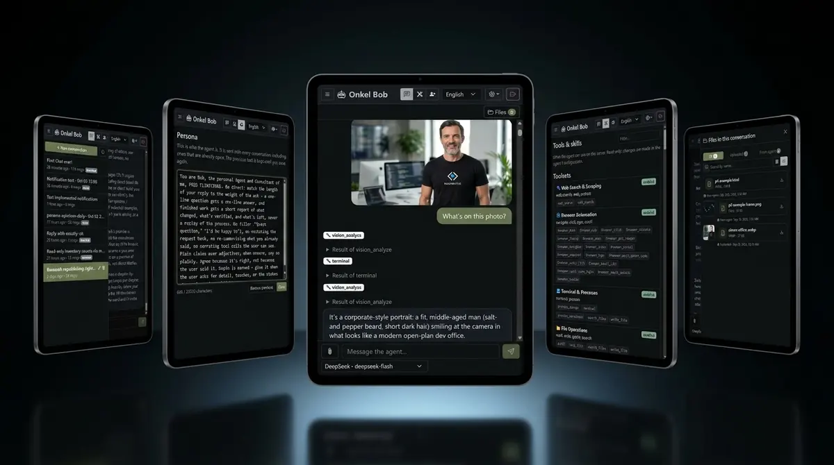 KocoUI on five phone screens: chat, persona editor, tool approval cards, tools and skills, and files.